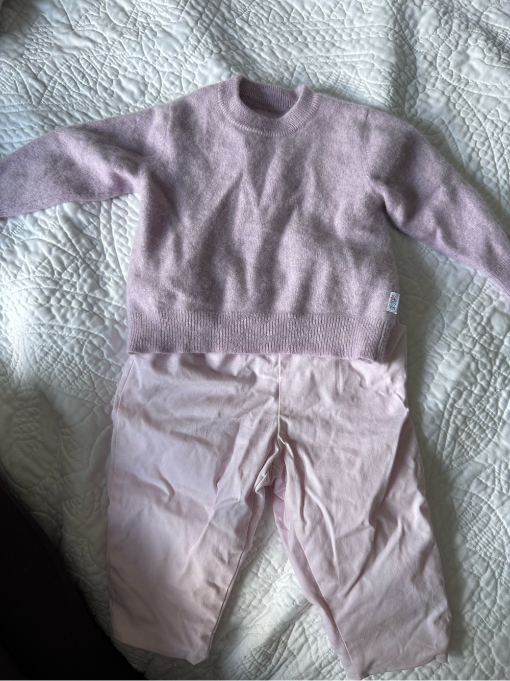 Jacadi Paris Pink Padded Pants & Lavender 100% Cashmere Sweater 6M